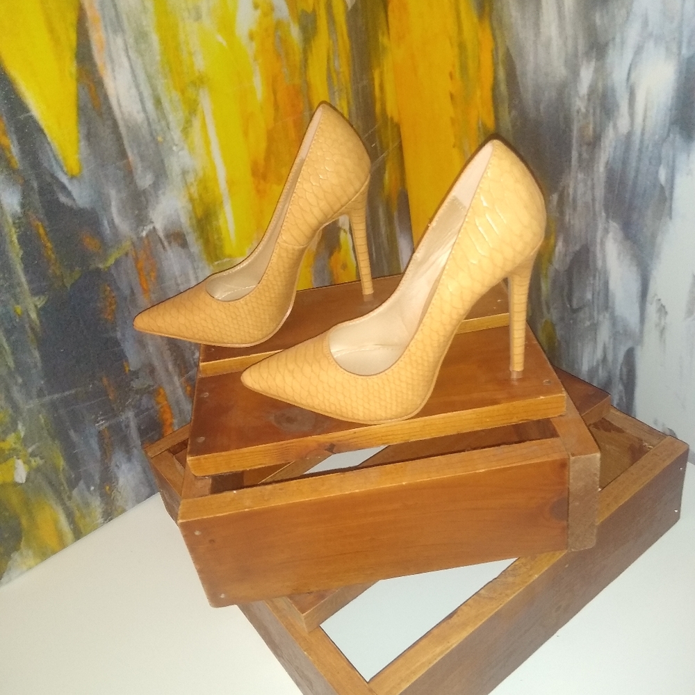 Shoe Republic LA Cassy Tan Snake Heels